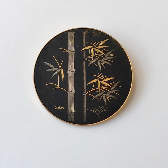 Vintage Jewelry - VTG 24k Damascene Black Amita Japan Pin Brooch